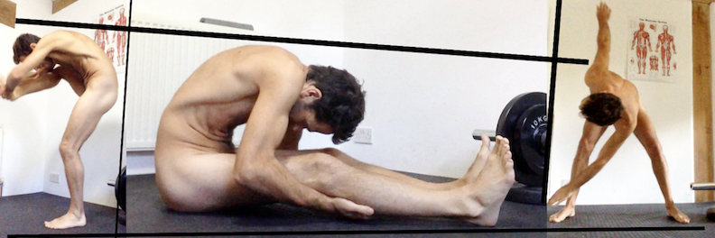 naked personal trainer in 3 positions, bending over, standing on one leg and twisting